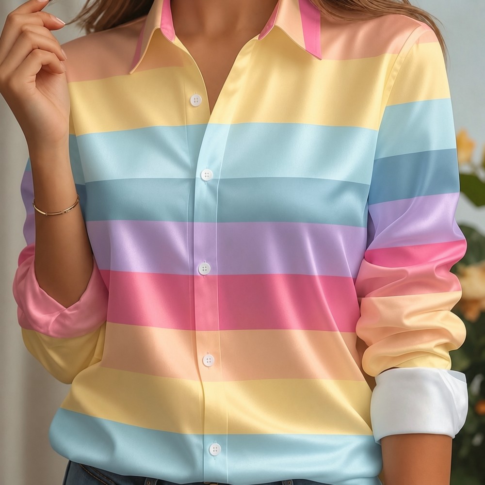 Puff Sleeve Blouse - 여성용 새틴 라펠 칼라 셔츠 파스텔