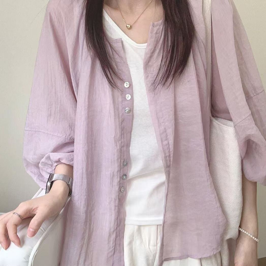 Puff Sleeve Blouse - 스탠드 칼라 셔츠, 크링클 텍스처 원단,