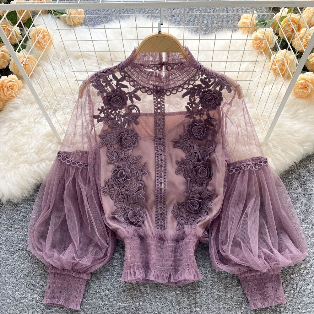 2 개/대 레이스 퍼프 긴 소매 블라우스 빈티지 패션  - Puff Sleeve Blouse 리뷰 및 가격