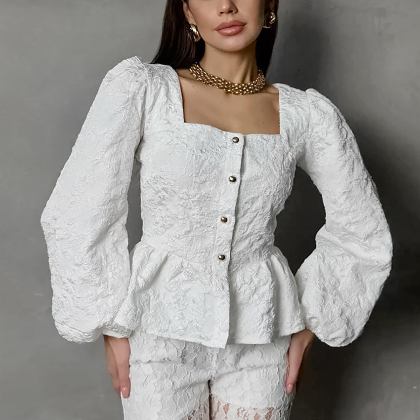 여성용 우아한 자카드 스퀘어 넥 퍼프 슬리브 블라우스, - Puff Sleeve Blouse 리뷰 및 가격