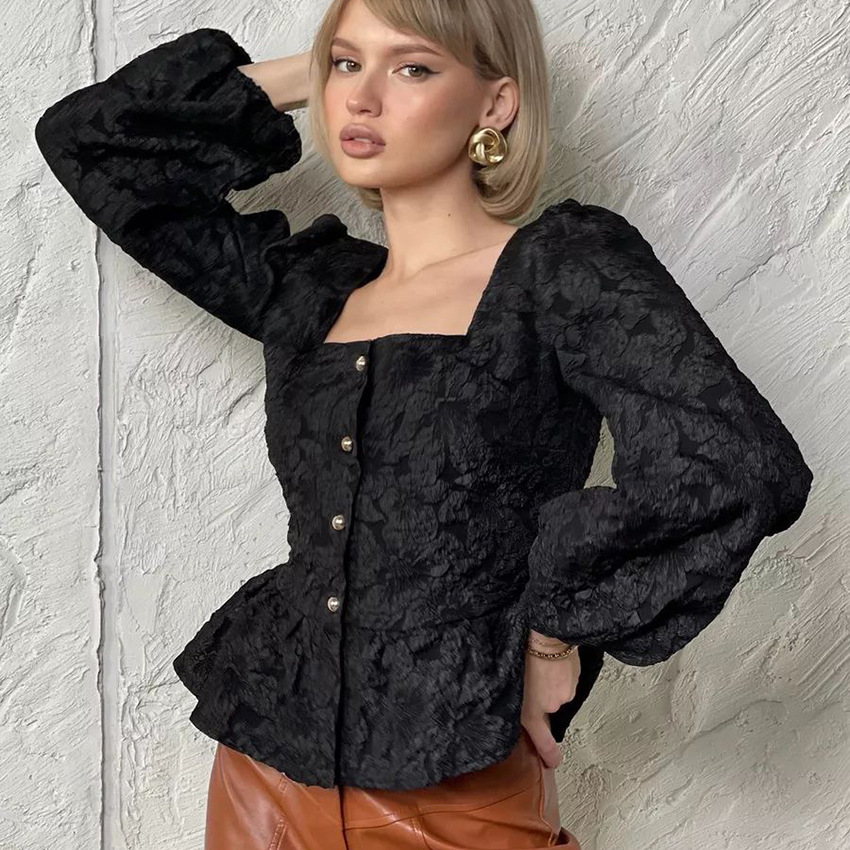 여성용 우아한 자카드 스퀘어 넥 퍼프 슬리브 블라우스, - Puff Sleeve Blouse 리뷰 및 가격