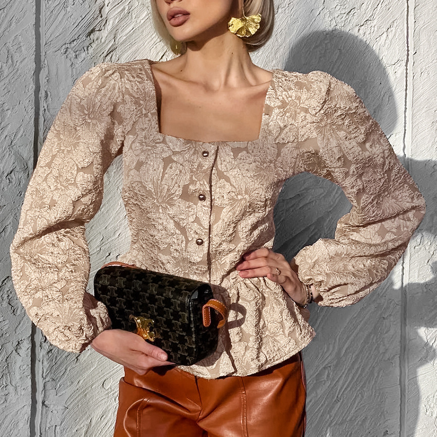 여성용 우아한 자카드 스퀘어 넥 퍼프 슬리브 블라우스, - Puff Sleeve Blouse 리뷰 및 가격