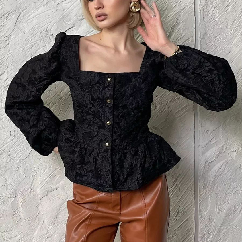 여성용 우아한 자카드 스퀘어 넥 퍼프 슬리브 블라우스, - Puff Sleeve Blouse 리뷰 및 가격