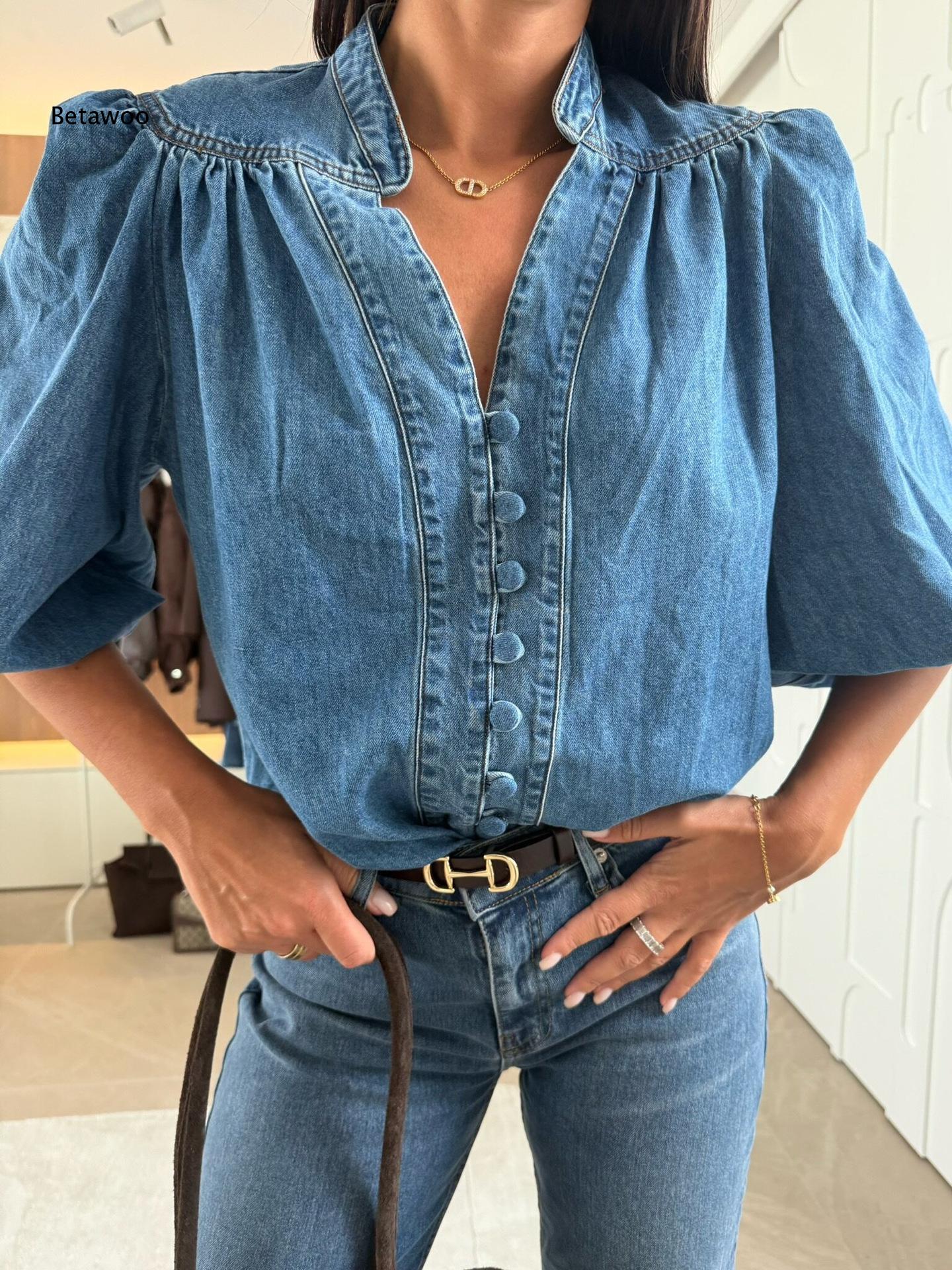 여성 스탠드 칼라 V넥 데님 블라우스 퍼프 벌룬 3/4 - Puff Sleeve Blouse 리뷰 및 가격