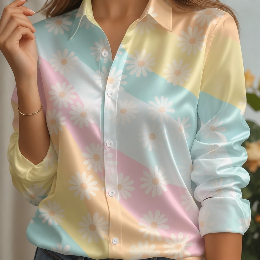 여성용 새틴 라펠 칼라 셔츠 파스텔 스트라이프 프린트  - Puff Sleeve Blouse 리뷰 및 가격