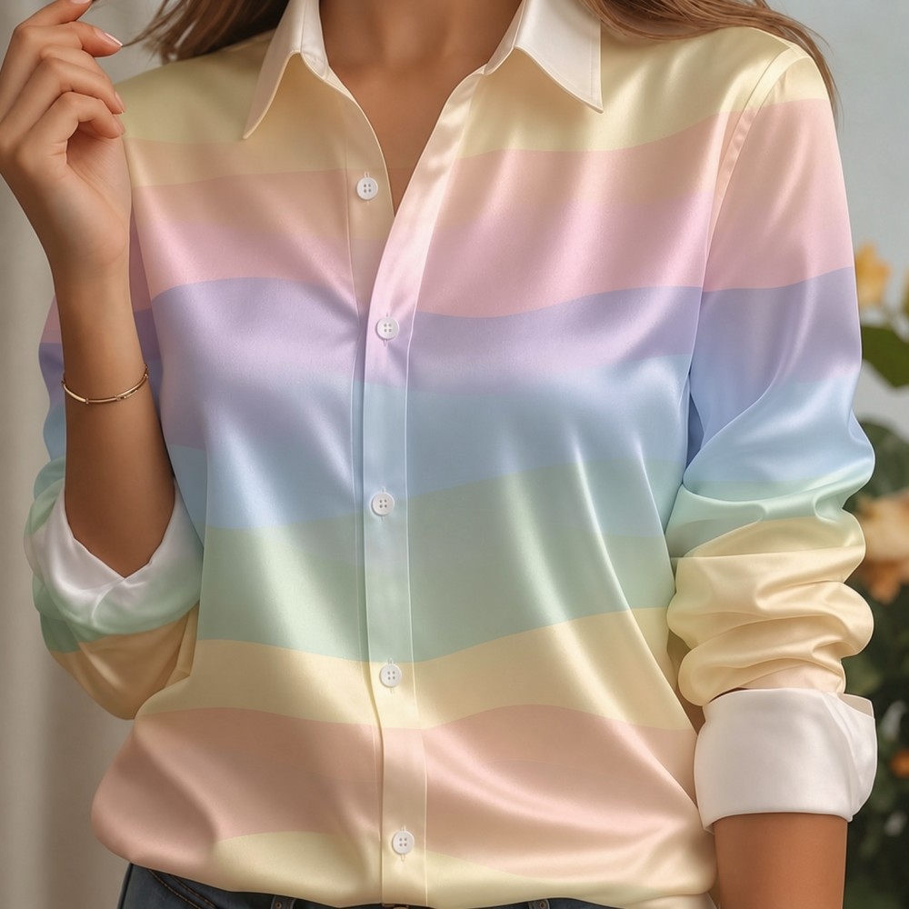 여성용 새틴 라펠 칼라 셔츠 파스텔 스트라이프 프린트  - Puff Sleeve Blouse 리뷰 및 가격